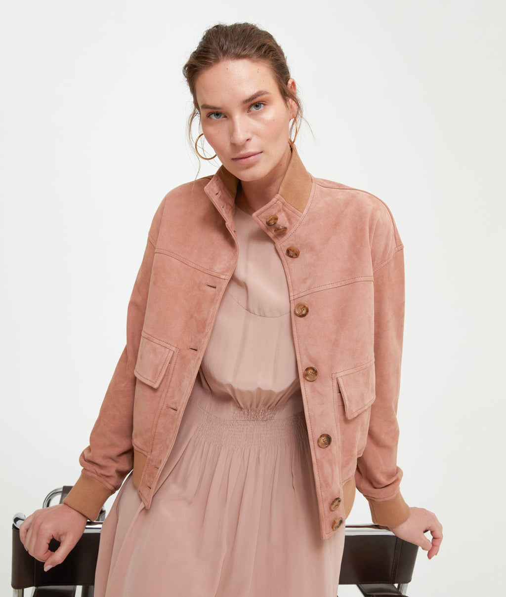 Pink suede bomber outlet jacket