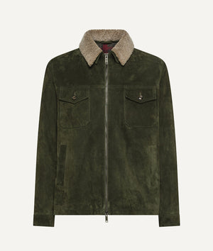 Trucker Jacket in Suede with Shearling-Collar
