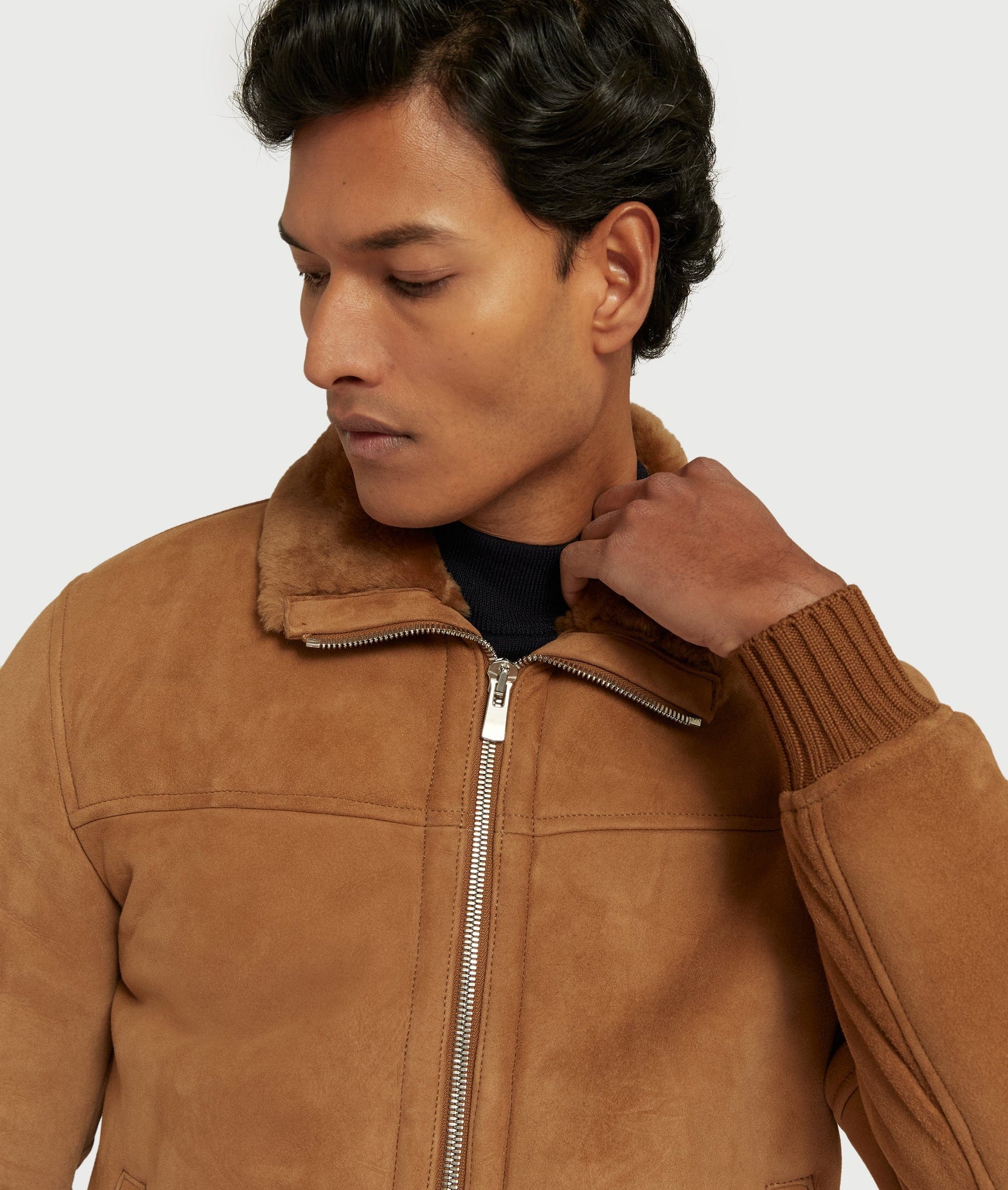 Bomber Jacket with Ironed Shearling in Lambskin