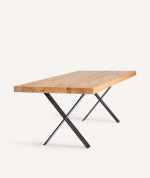 Solid Wood Table in Historic Oak with X-Shaped Metal Frame
