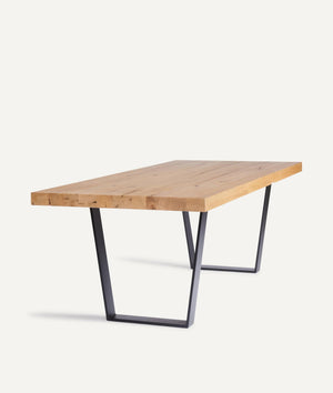 Solid Wood Table in Historic Oak with Trapezoidal Metal Frame
